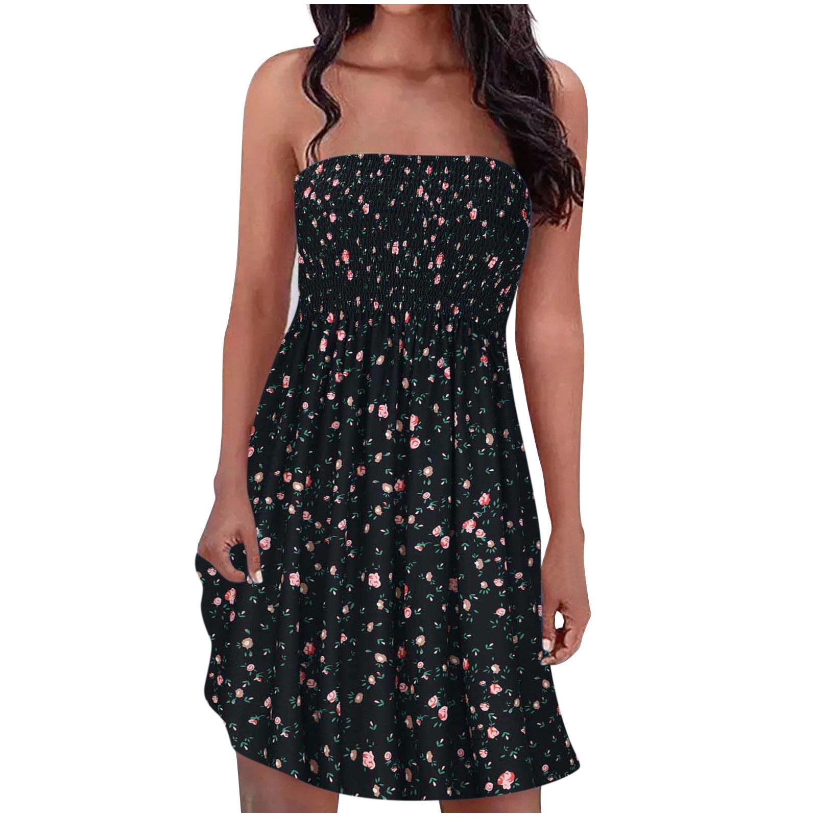 Moxiu Summer Dress for Women Beach Floral Cover Ups Off Shoulder Loose Fit  Pleated Sundress Smocked Strapless Boho A-Line Mini Dresses - Walmart.com
