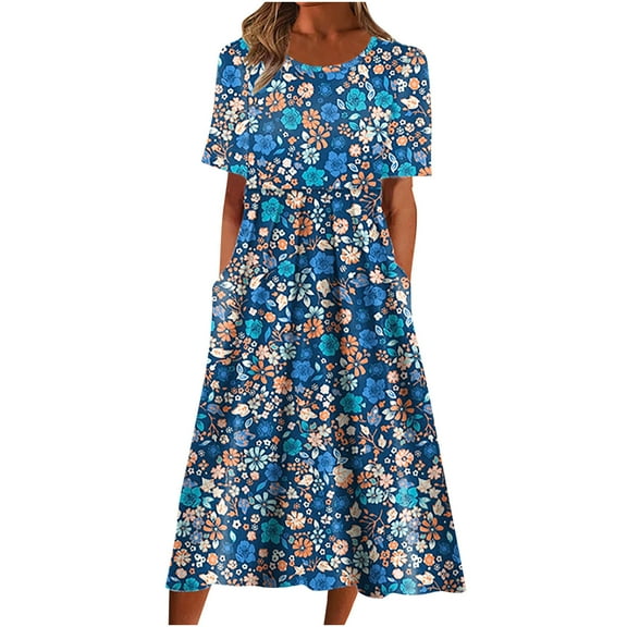 Moxiu Summer Dresses for Women 2025 Casual Short Sleeve Button V Neck Floral Print Knee Length Long Maxi Dress with Pocket Blue,XXL