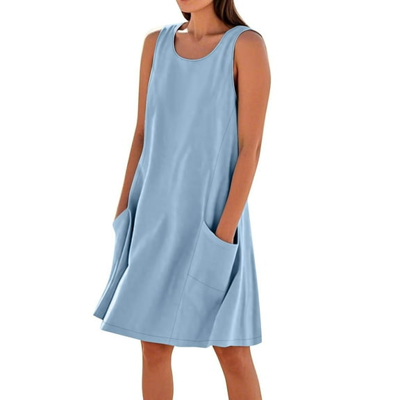 Moxiu Summer Dresses for Women 2025 Crewneck Sleeveless Cotton Linen Tank Dress Beach Vacation Sundresses with Pockets Sky Blue,S