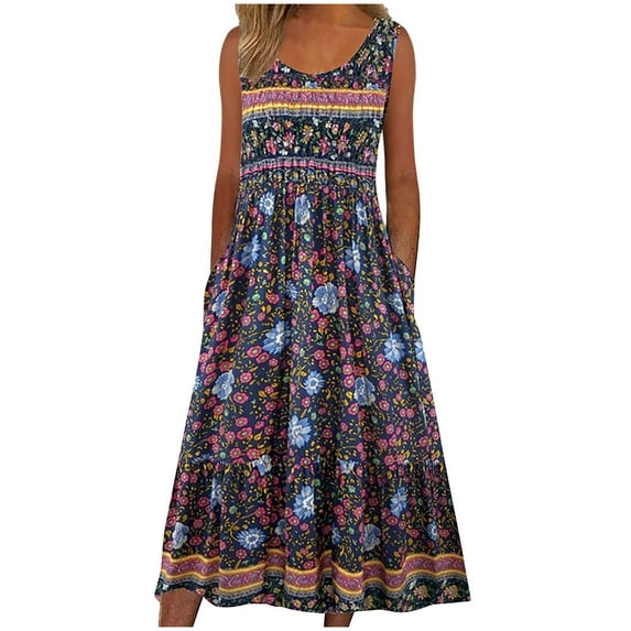 Moxiu Summer Dresses for Women 2025 Sleeveless Boho Floral Sundress Loose Casual Flowy Beach Dress Midi Dress with Pockets Purple,S
