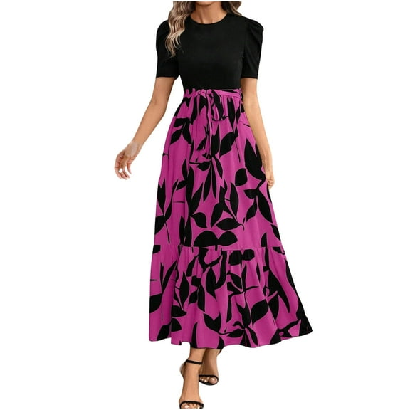 Moxiu Summer Dresses for Women Elegant High Waist Maxi Dress Flowy Ruffle Hem Casual Long Dress A-Line Floral Printrd Dress with Belt 2025 Black,M