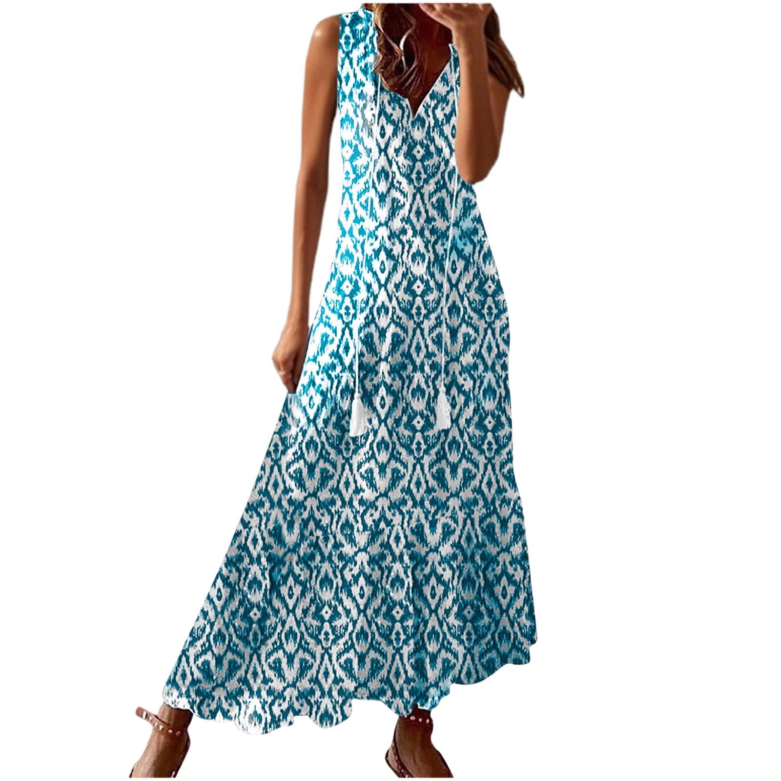 Women's Bohemian Floral Print Long Sling Dress – V-Neck, Ankle-Length, Flowy Maxi For Beach & Vacation