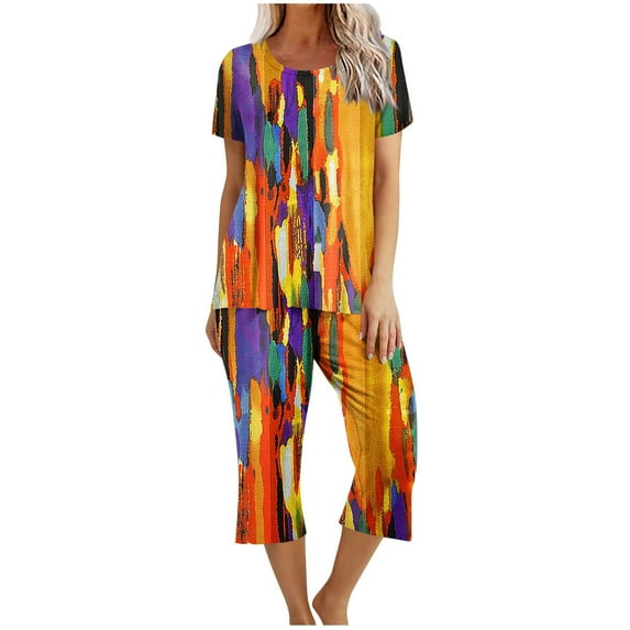 Moxiu Summer Pjs for Women Set Short Sleeve Crewneck Top with Capri Pants Pjs 2 PIece Soft Comfy Lounge & Sleepwear Set 2025 Multicolor,S