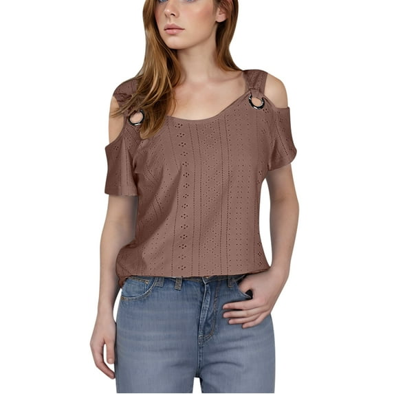 Moxiu Summer Shirts for Women 2025 Casual Cold Shoulder Short Sleeve Eyelet Tops Loose V Neck Tunic Blouses Plus Size Comfy Breathable Brown,M