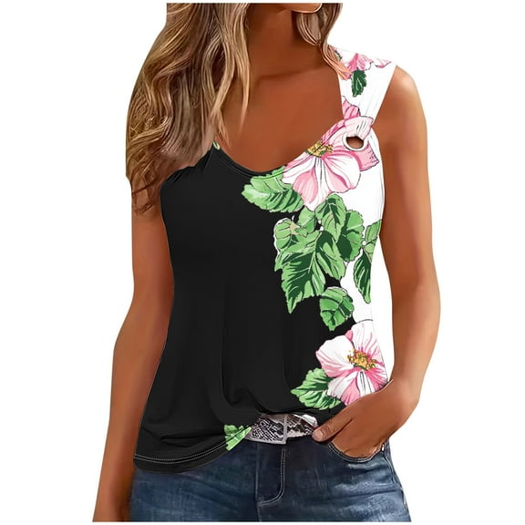 Moxiu Summer Tank Tops for Women V Neck O Ring Shoulder Blouse Loose Fit Dressy Casual Tee Tops Trendy Vacation Resort Wear 2025 Green,XXL