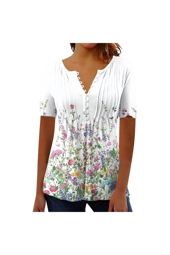 Summer Top for Women Hide Belly Pleated Button V Neck T-Shirt 2026 Causal Empire Waist A-Line Floral Tunic Top Plus Size