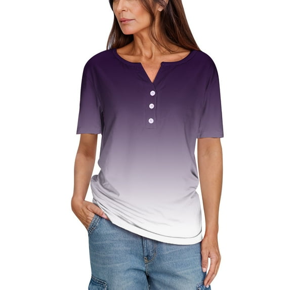 Moxiu Summer Tops for Women 2025 Button Down Short Sleeve Gradient Color V Neck Blouse Tees Spring Dressy Work Tunic Tshirt White,M