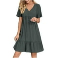 thumbnail image 1 of Moxiu Sundresses for Women 2025 Short Sleeve Elegant Mini Dress Plus Size Pleated Summer Casual Dresses Flowy V Neck Beach Dress Dark Gray,XXXXL, 1 of 6
