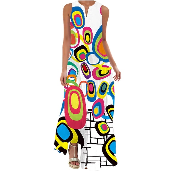 Moxiu Sundresses for Women 2025 Summer Notch V Neck Sleeveless Beach Maxi Dresses Trendy Floral Long Tank Dress with Pocket Plus Size Multicolor,XXXL