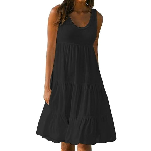 Moxiu Sundresses for Women Casual Beach 2025 Sleeveless Resort Wear Vacation Sun Dresses Pleated Ruffle Spring Summer Tank Dress Black,M