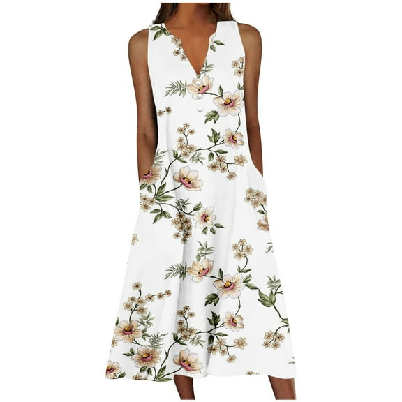 Moxiu Sundresses for Women Casual Beach Sleeveless Tank Dresses 2025 Vacation Plus Size Dress Button V Neck Boho Floral Midi Dress White,XXL