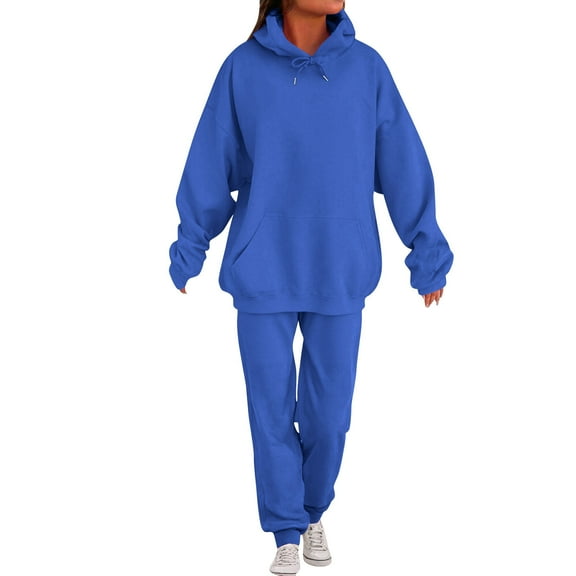 Moxiu Sweatsuits Women 2 Piece Outfit Casual Comfy Plain Oversized Hoodie Jogger Baggy Sweatpants Fall Matching Sweat Set 2025 Blue,XXL