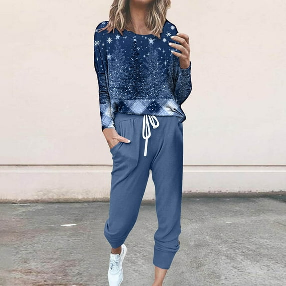Moxiu Sweatsuits Women 2 Piece Outfit Christmas,Lounge Sets for Women Sweatsuits Sets Two Piece Outfit Print Long Sleeve Tops and Jogger Pant Workout Athletic Tracksuits 2024 Navy,XXL
