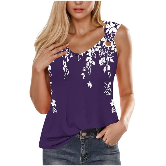 Moxiu Tank Top for Women Loose Fit Trendy 2025 Sleeveless Shirts O Ring Shoulder Tank Top Floral Print Spring Summer Casual Beach Tanks Shirt Purple,S