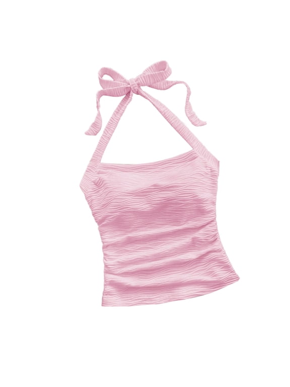 Tank Top Women Ruched Halter Neck Y2K Crop Tops Tie Back Sleeveless Slim Fit Cami Top Teen Girls Textured Square Neck Shirts Pink,XXL