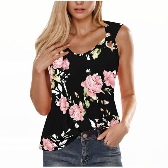 Moxiu Tank Top for Women Loose Fit Trendy 2025 Sleeveless Shirts O Ring Shoulder Tank Top Floral Print Spring Summer Casual Beach Tanks Shirt Black,M