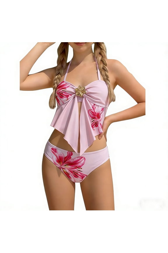 Teen Girls Swimsuits V-Neck Bikini Set Bathing Suits Cross Straps Two Piece Hawaiian Vacation Swimwear with Drawstring Pink,15-16Years