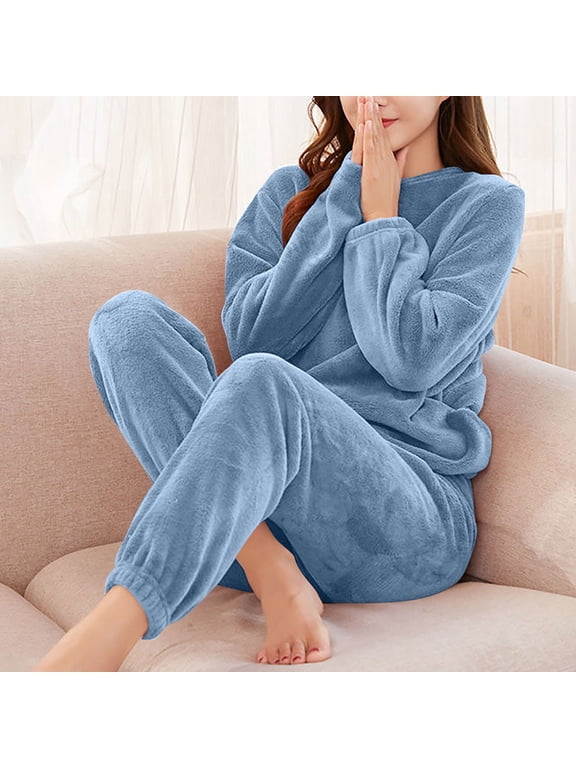 Soft Warm Pajamas Women Set Flannel Pajamas Set 2026 Winter Cozy Fleece Fuzzy Thermal Pajamas Pjs Loungewear Sets Blue,S