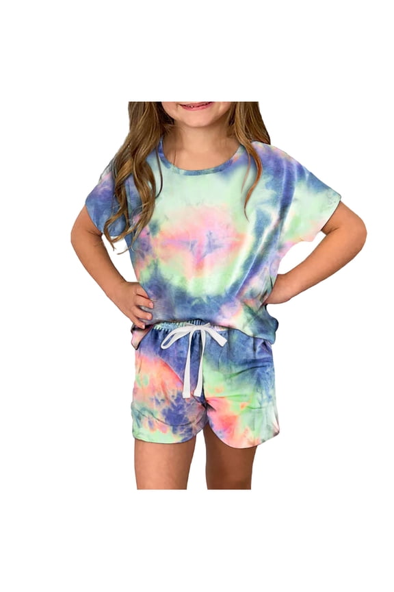 Tie Dye Summer Girls Outfits 2 PC Lounge Set Short Sleeve Crewneck T Shirt and Elastic Waist Shorts 2 Piece Clothing Sets Blue,5-6 Years