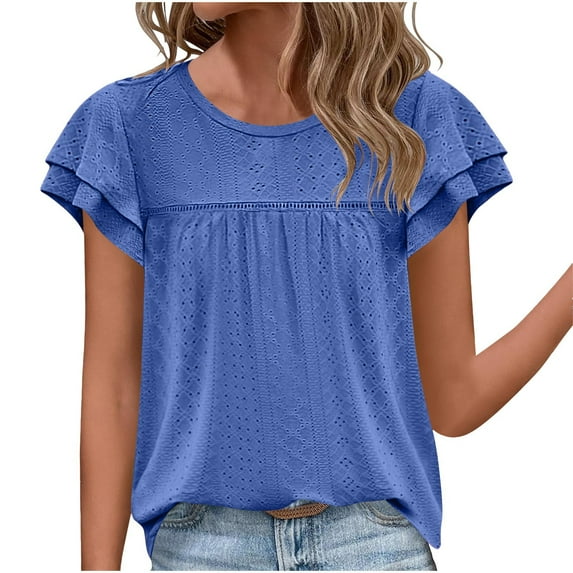 Moxiu Tiered Ruffle Tops for Women,Womens Summer Tops Crewneck Eyelet Short Sleeve Blouses Elegant Dressy Casual Babydoll Shirts 2025 Blue,L