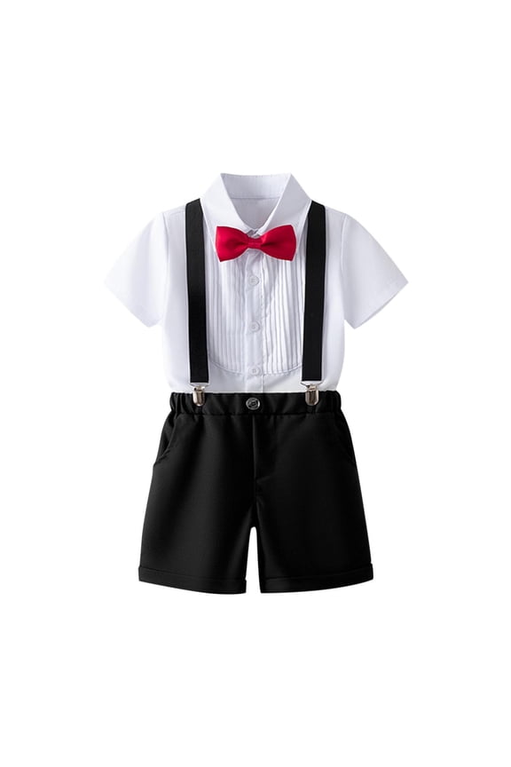 Toddler Boy Gentleman Outfits Suspender Pants Set Baby Bow Tie Lapel Neck Overalls Short Sleeve Shirt Tops Shorts Set 2025 Black,3 Years