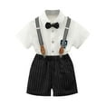 thumbnail image 1 of Moxiu Toddler Boy Gentleman Outfits Suspender Pants Set Baby Bow Tie Lapel Neck Overalls Short Sleeve Shirt Tops Shorts Set 2025 White,6 Years, 1 of 8