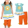 thumbnail image 1 of Moxiu Toddler Girl Matching Sets Summer Ruffle Sleeve T-Shirt Capri Pants Set for Girls Striped Daisy Flower Tops 2 Piece Outfit Blue,3 Years, 1 of 8