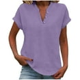 thumbnail image 1 of Moxiu Trendy Linen Button Decor Womens Blouses V Neck Short Sleeve Loose Dressy Casual Summer Tunic Tops Purple,XXL, 1 of 9