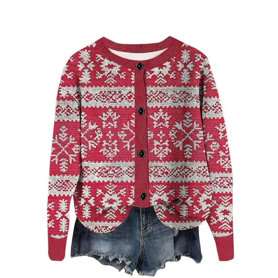 Moxiu Ugly Christmas Sweater Women Cardigan Cute Funny Xmas Theme Print Open Front Button Long Sleeves Casual Knitted Outwear Red,XXL