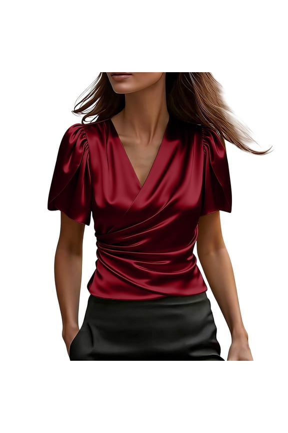 V Neck Silk Satin Blouses Womens Ruffle Short Sleeve Front Wrap Ruched Summer Elegant Tops Red,XXL