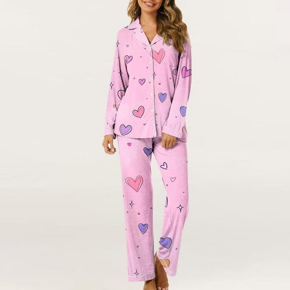 Moxiu Valentine's Day Satin Pjs for Women Set Long Sleeve Love Heart Print Satin PJ Sets Button-Down Pajama Sleepwear Loungewear 2025 Multicolor,XL