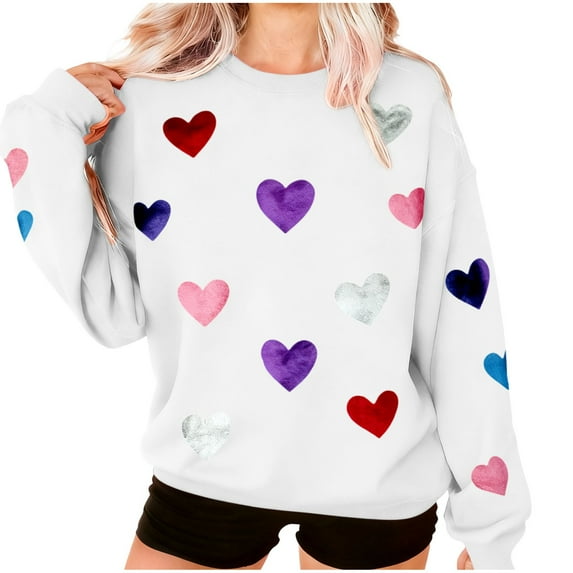 Moxiu Valentines Sweatshirts for Women Casual Cute Graphic Crewneck Heart Sweater Long Sleeve Oversized Valentine Shirts White,L