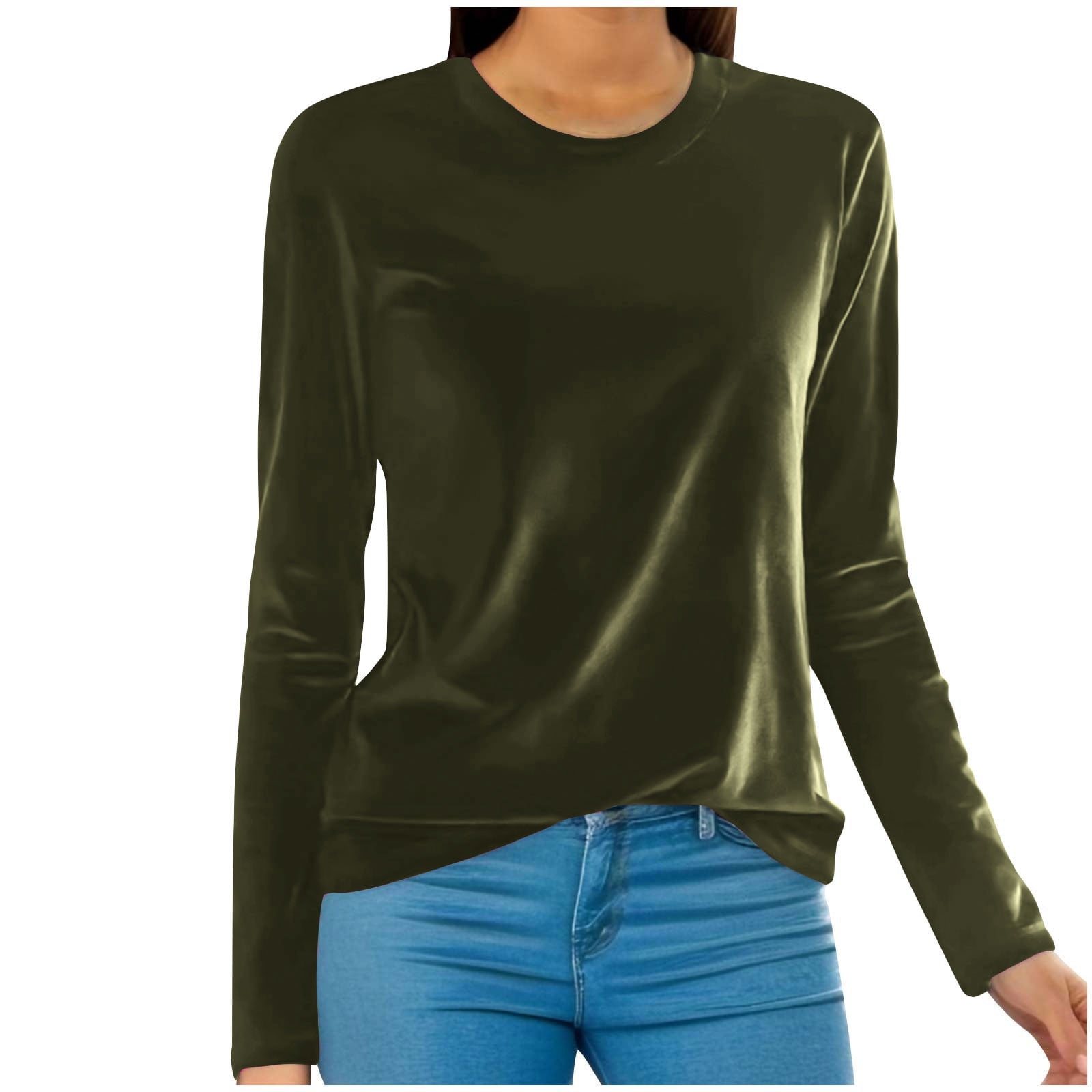 Moxiu Velvet Tops for Women Long Sleeve Round Neck Shirt Casual Solid ...