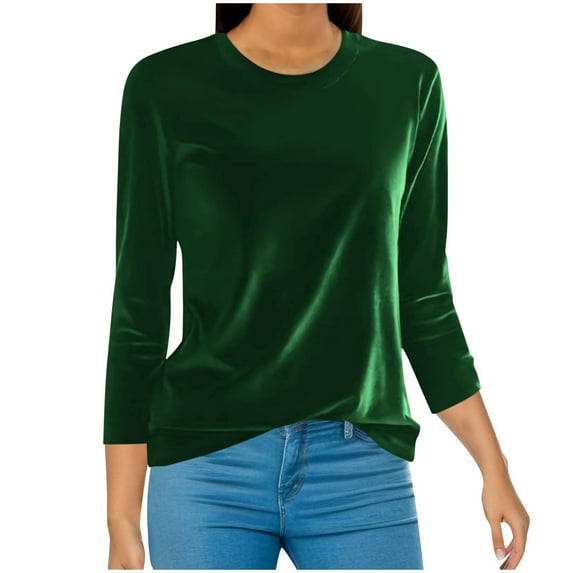 Moxiu Velvet Tops for Women Long Sleeve Round Neck Shirt Casual Solid Color Pullover Blouse Trendy Velour Shirts Tees Going Out Party Tops 2025 Green,XXXXL
