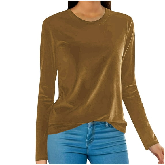 Moxiu Velvet Tops for Women 2025 Spring Fashion Solid Color Velvet Shirt Vintage Long Sleeve T Shirts Round Neck Blouse Pullover Coffee,XXL