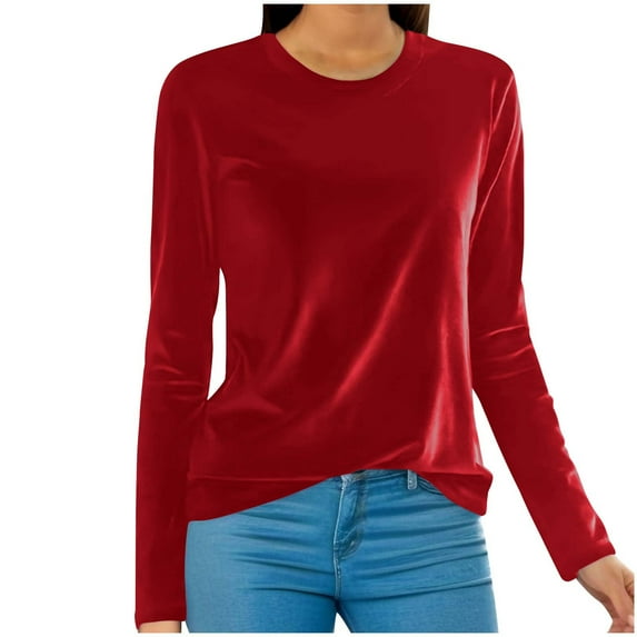 Moxiu Velvet Tops for Women Long Sleeve Round Neck Shirt Casual Solid Color Pullover Blouse Trendy Velour Shirts Tees Going Out Party Tops 2025 Red,L