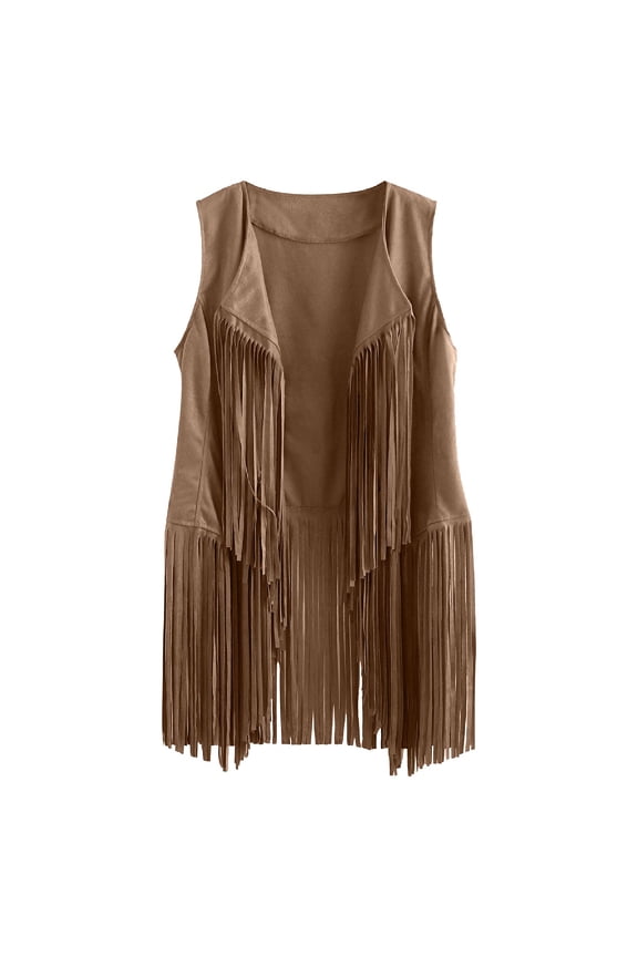 Vests for Women Tassel Sleeveless Suede Cardigan 70S Vintage Fringe Hippie Jacket Plus Size Solid Color Coat for Girls