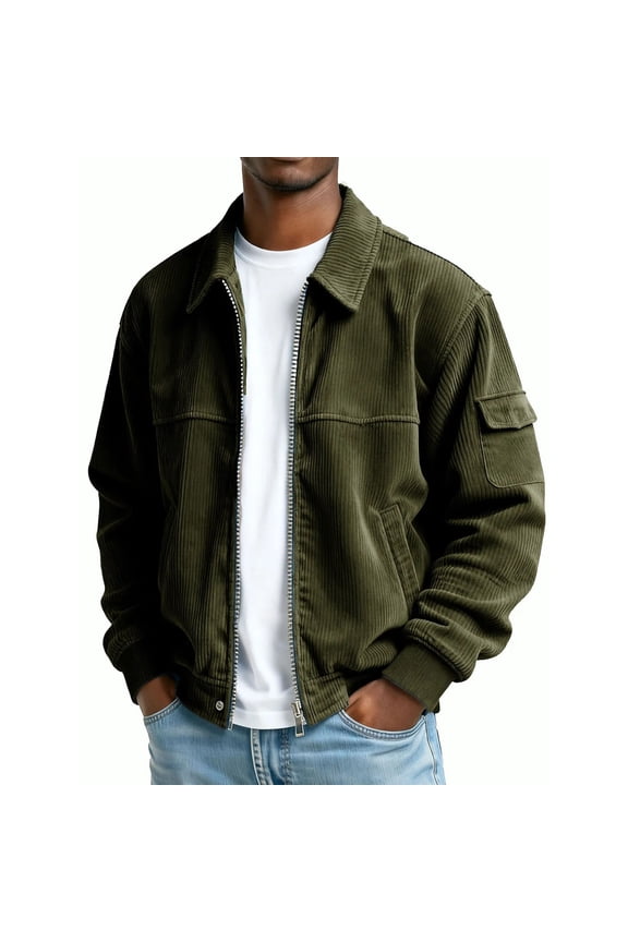 Vintage Corduroy Bomber Jacket Men Zip Up Collared Work Trucker Jackets Long Sleeve Casual with Pockets Army Green,XL