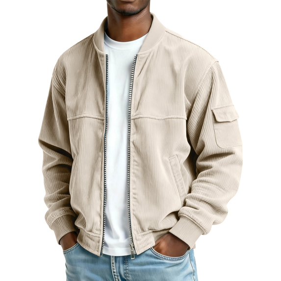 Moxiu Vintage Corduroy Bomber Jacket Men Zip Up Collared Work Trucker Jackets Long Sleeve Casual with Pockets Khaki,M