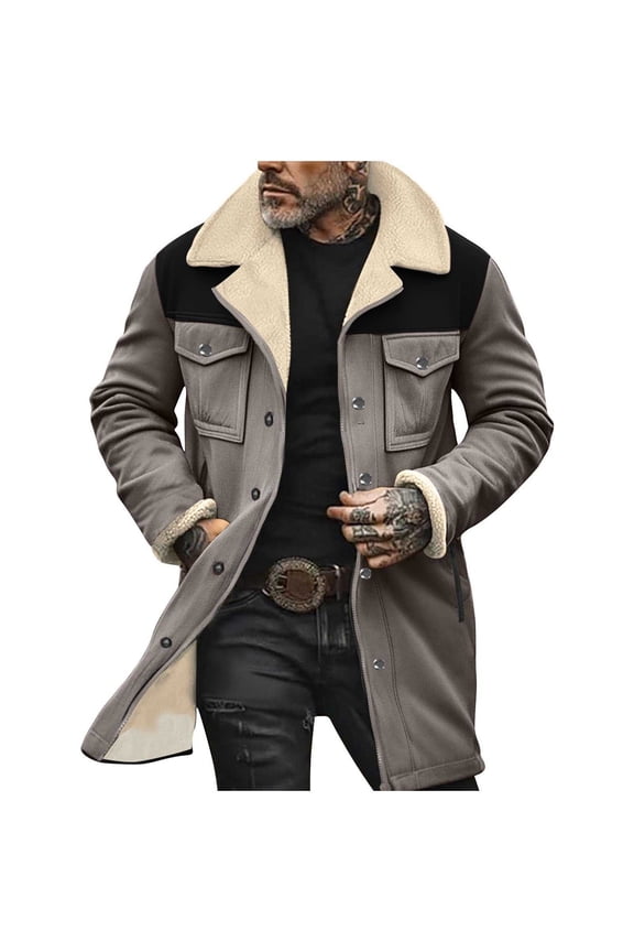 Vintage Western Suede Jacket Men Sherpa Lined Plush Collar Button Down Winter Cowboy Coat with Pockets Gray,XXL
