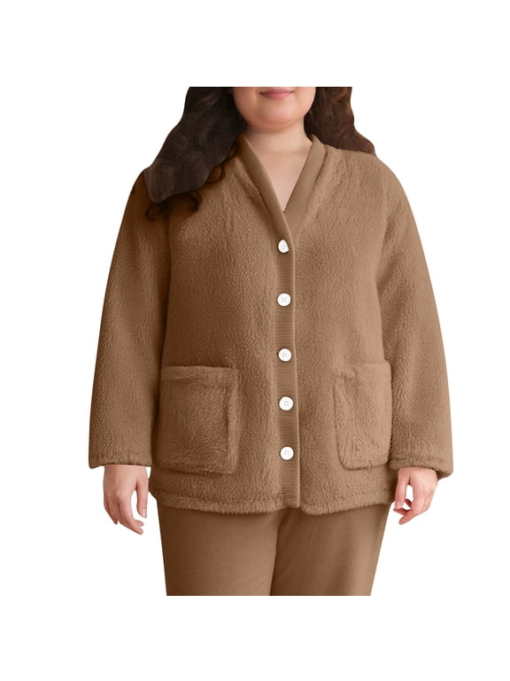 Warm Bed Jackets for Women Plus Size Fleece Sherpa Button Lounge Jackets for Home Winter Fuzzy Bed Coat with Pockets Brown,XL