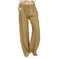thumbnail image 1 of Moxiu Wide Leg Linen Pants Women Summer Drawstring Waist Loose Cotton Linen Palazzo Pants with Pockets Comfy Breathable Lounge Trousers 2025 Beige,XL, 1 of 6