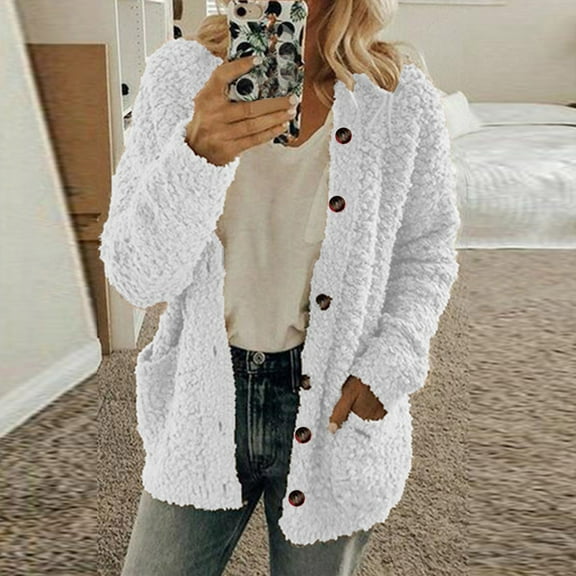 Moxiu Winter Coat for Women 2025 Plus Size Soft Fleece Jacket Fuzzy Sherpa Cardigan Button Open Front Sweater Outwear with Pockets White XXXXL