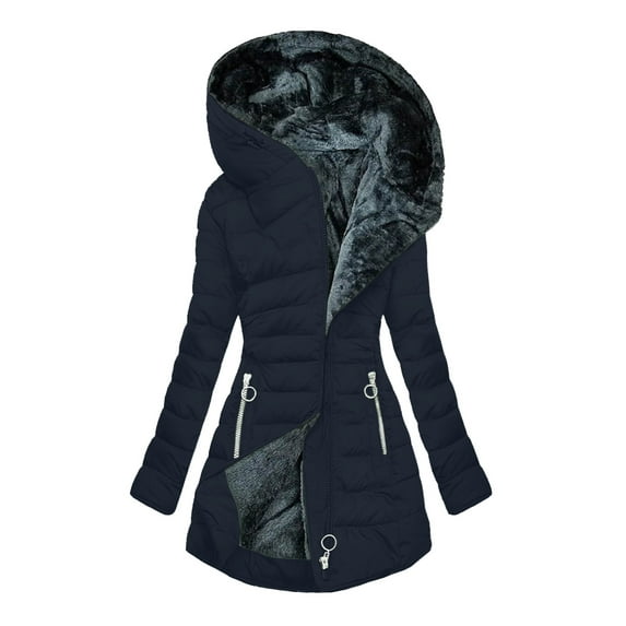 Moxiu Winter Jackets Women 2024,Winter Coats for Women Plus Size Hooded Parkas Fleece Lined Jacket Zip Pockets Coat Mid Length Coat Puffer Jackets Outwear Navy,M