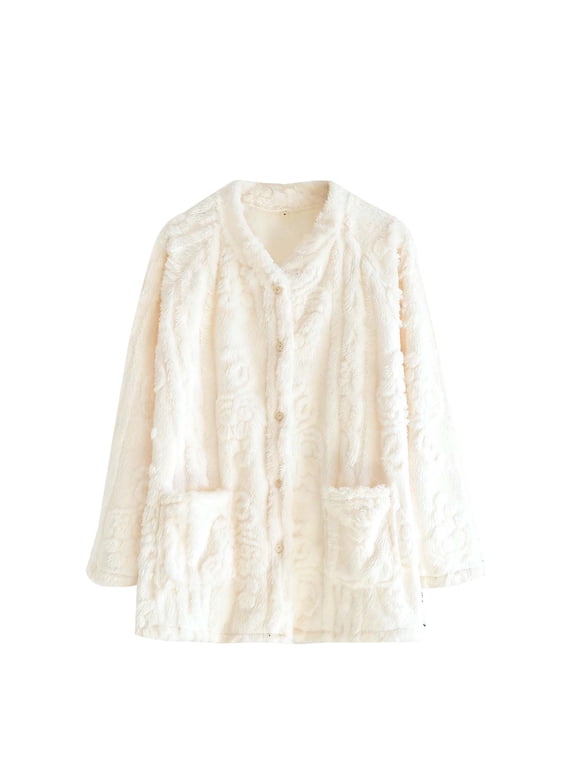 Woman Bed Jackets Thick Plush House Coats Winter Warm Button Up Fleece Pajama Tops Soft Fuzzy Lounge Jacket with Pockets White,M