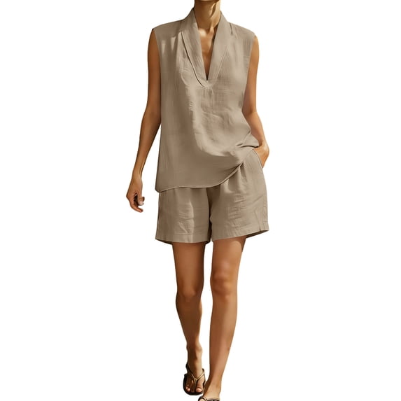 Moxiu Women 2 Piece Short Sets Linen Cap Sleeve V Neck Tops Matching Shorts Set Business Office Suit Summer Work Formal Outfit Khaki,XXL