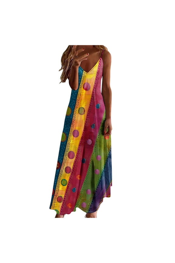 Women Aztec Summer Sundresses 2025 Spaghetti Strap Maxi Dresses Spring Ethnic Dress Boho Beach Vacation Clothes Multicolor,S