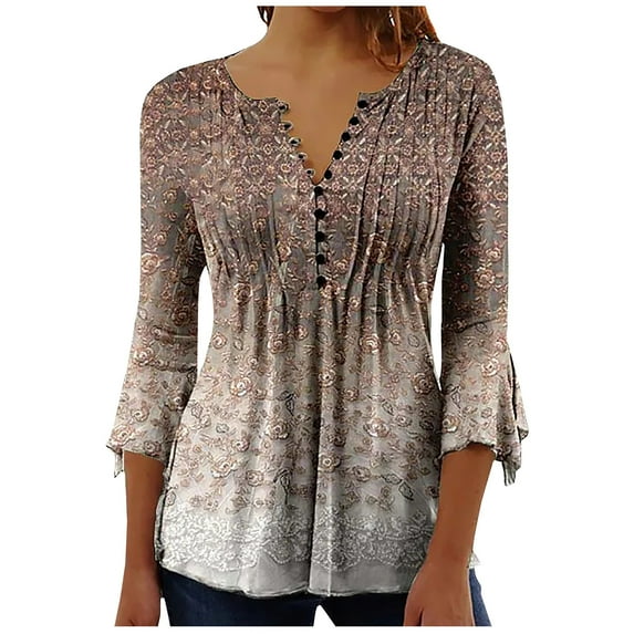 Moxiu Women Bell Sleeve Tops Boho Floral Print Tunic Shirts Hide Belly 3/4 Sleeve Button V Neck Tshirt Pleated Empire Waist A-Line Tops Blouse 2025 Brown,XXL