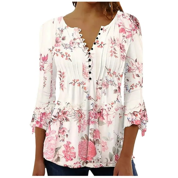 Moxiu Women Bell Sleeve Tops Boho Floral Print Tunic Shirts Hide Belly 3/4 Sleeve Button V Neck Tshirt Pleated Empire Waist A-Line Tops Blouse 2025 Pink,S
