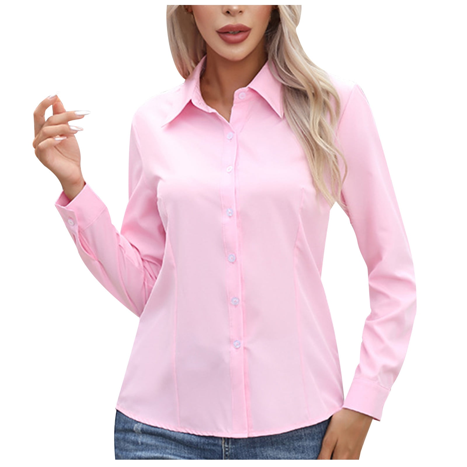 Moxiu Women Blouses Dressy formal Button Down Long Sleeve Semi Formal Shirts  Wrinkle Free Collared Business Work Office Tops Pink,L - Walmart.com, image size:1600x1600
